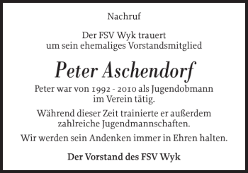 Traueranzeige von Peter Aschendorf von Der Insel-Bote