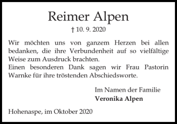 Traueranzeige von Reimer Alpen von Norddeutsche Rundschau