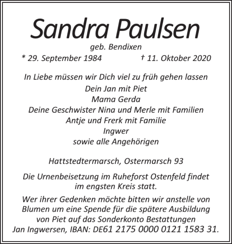  Traueranzeige für Sandra Paulsen vom 14.10.2020 aus Husumer Nachrichten