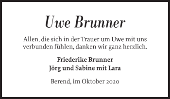 Traueranzeige von Uwe Brunner von Schleswiger Nachrichten