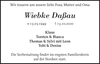 Traueranzeige von Wiebke Daßau von Holsteinischer Courier