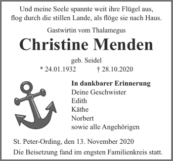 Traueranzeige von Christine Menden von Husumer Nachrichten