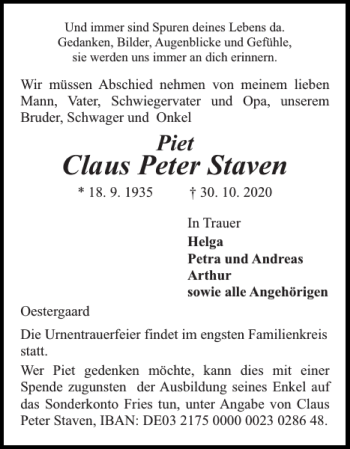 Traueranzeige von Claus Peter Staven von Flensburger Tageblatt