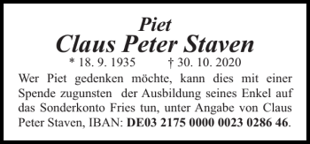 Traueranzeige von Claus Peter Staven von Flensburger Tageblatt