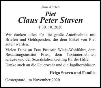 Traueranzeige von Claus Peter Staven von Flensburger Tageblatt