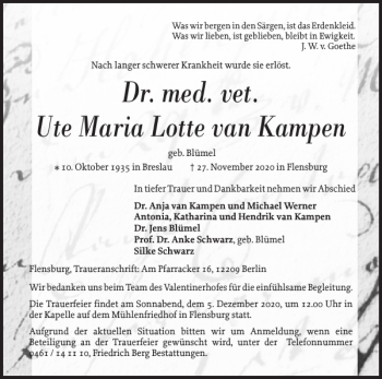 Traueranzeige von Dr. med.vet. Ute Maria Lotta van Kampen  von Flensburger Tageblatt