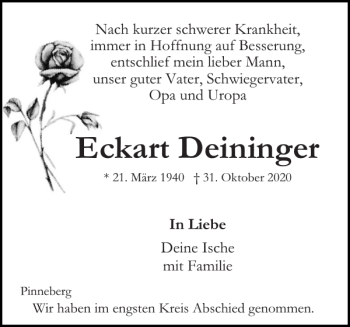 Traueranzeige von Eckart Deininger von Pinneberger Tageblatt
