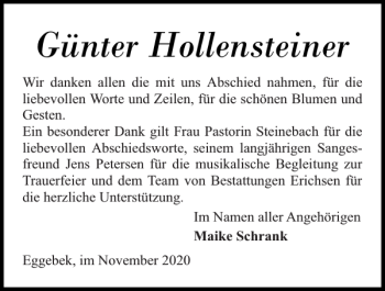 Traueranzeige von Günter Hollensteiner von Flensburger Tageblatt