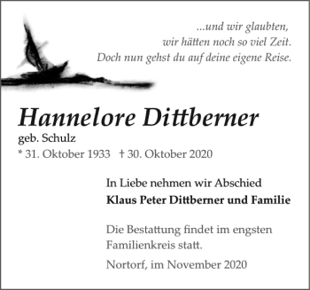 Traueranzeige von Hannelore Di berner von Landeszeitung
