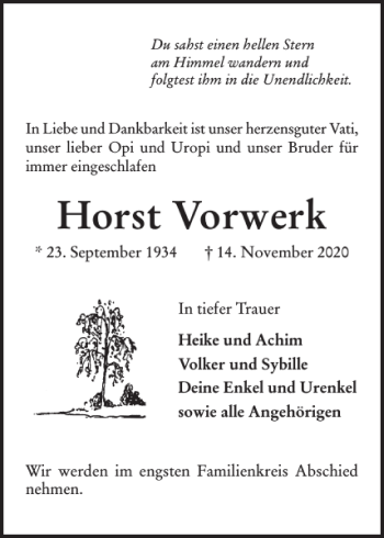 Traueranzeige von Horst Vorwerk von Norddeutsche Rundschau