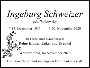 Traueranzeige von Ingeburg Schweizer von Landeszeitung