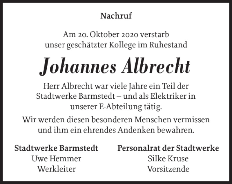  Traueranzeige für Johannes Albrecht vom 07.11.2020 aus Elmshorner Nachrichten