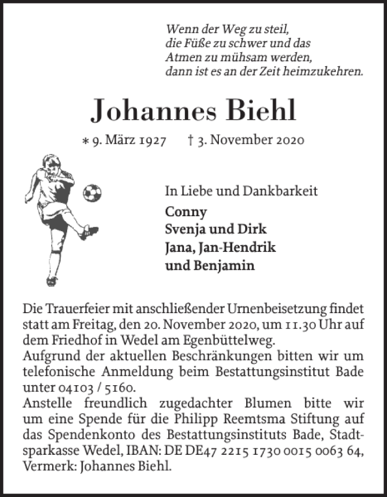  Traueranzeige für Johannes Biehl vom 07.11.2020 aus Wedel-Schulauer Tageblatt