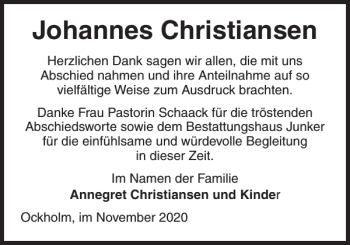 Traueranzeige von Johannes Christiansen von Husumer Nachrichten