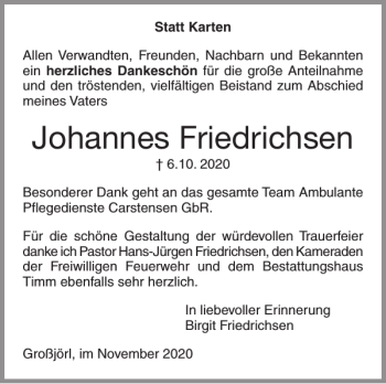 Traueranzeige von Johannes Friedrichsen von Flensburger Tageblatt