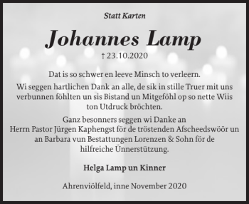 Traueranzeige von Johannes Lamp von Husumer Nachrichten
