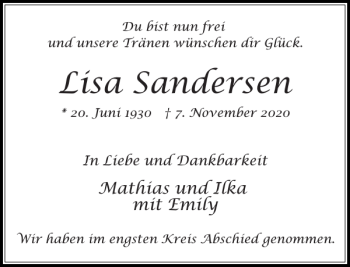 Traueranzeige von Lisa Sandersen von Stormarner Tageblatt