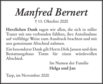 Traueranzeige von Manfred Bernert von Flensburger Tageblatt