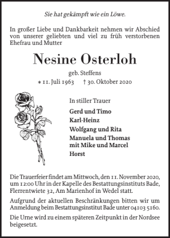 Traueranzeige von Nesine Osterloh von Wedel-Schulauer Tageblatt