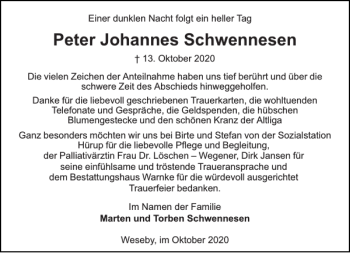 Traueranzeige von Peter Johannes Schwennesen von Flensburger Tageblatt
