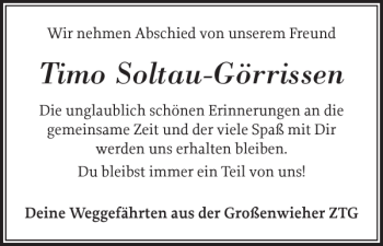 Traueranzeige von Timo Soltau-Görrissen von Flensburger Tageblatt
