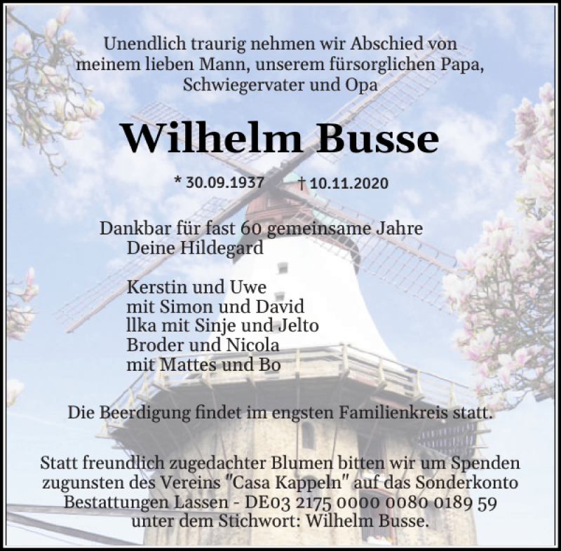  Traueranzeige für Wilhelm Busse vom 14.11.2020 aus Schlei-Bote