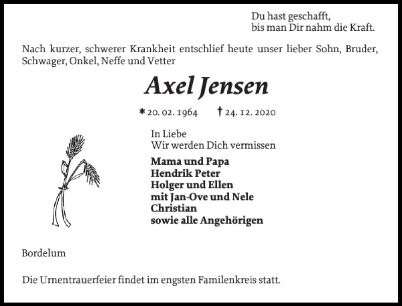  Traueranzeige für Axel Jensen vom 29.12.2020 aus Husumer Nachrichten
