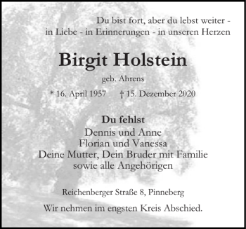 Traueranzeige von Birgit Holstein von Pinneberger Tageblatt