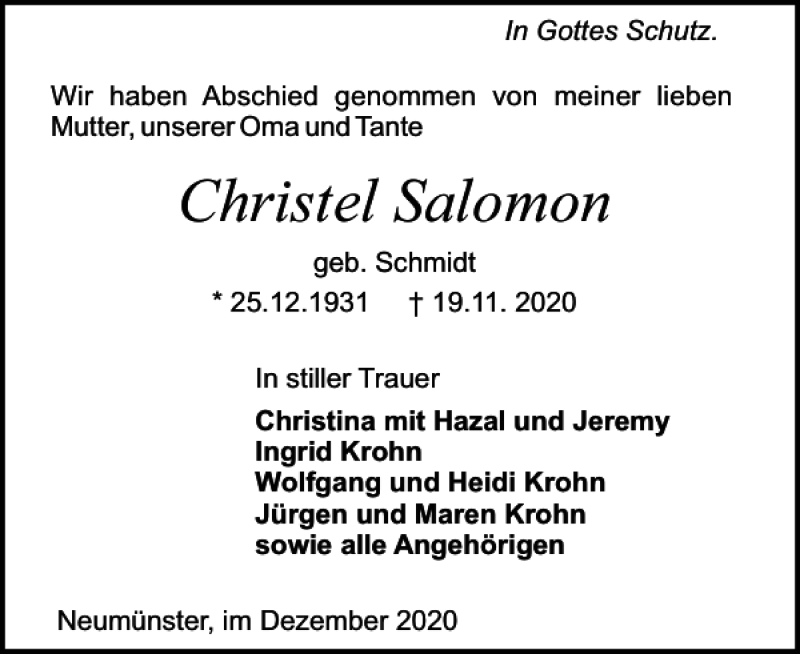  Traueranzeige für Christel Salomon vom 05.12.2020 aus Holsteinischer Courier