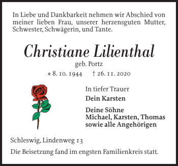 Traueranzeige von Christiane Lilienthal von Schleswiger Nachrichten