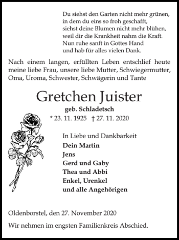 Traueranzeige von Gretchen Juister von Norddeutsche Rundschau
