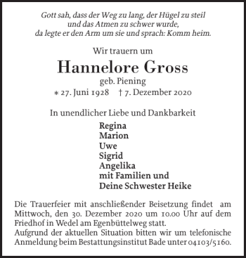 Traueranzeige von Hannelore Gross von Wedel-Schulauer Tageblatt