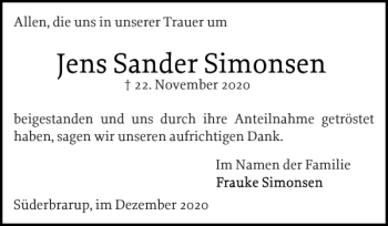 Traueranzeige von Jens Sander Simonsen von Schleswiger Nachrichten