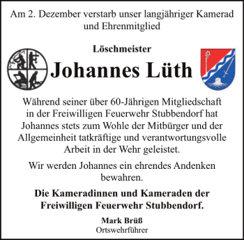 Traueranzeige von Johannes Lüth von Stormarner Tageblatt