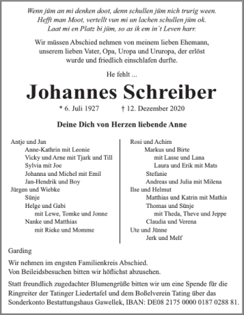 Traueranzeige von Johannes Schreiber von Husumer Nachrichten
