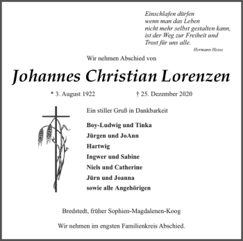 Traueranzeige von Johannes Christian Lorenzen von Husumer Nachrichten