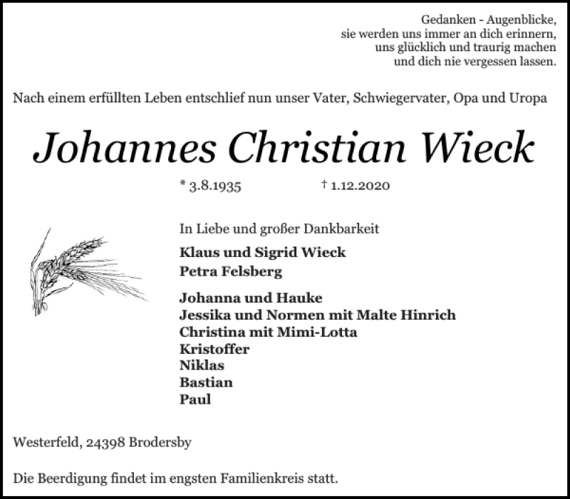  Traueranzeige für Johannes Christian Wieck vom 05.12.2020 aus Schlei-Bote