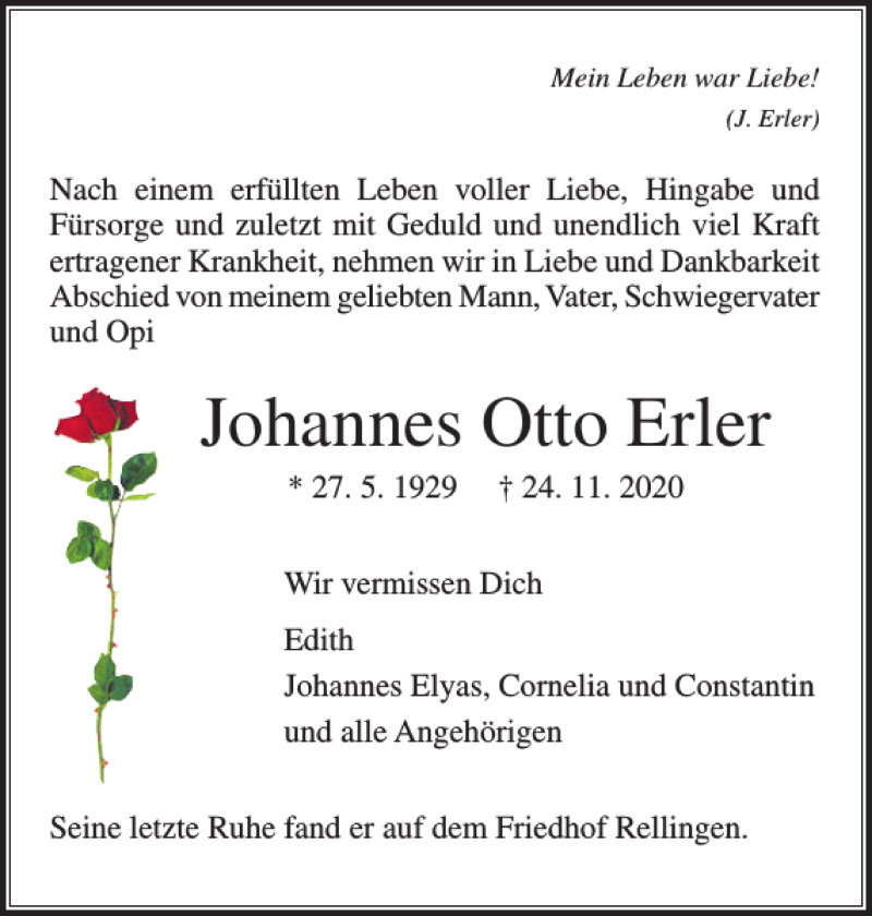  Traueranzeige für Johannes Otto Erler vom 19.12.2020 aus Pinneberger Tageblatt