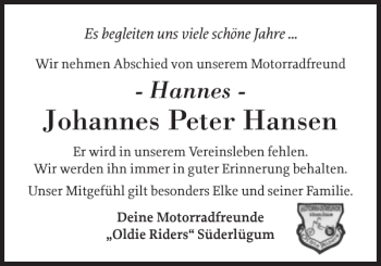 Traueranzeige von Johannes Peter Hansen von Nordfriesland Tageblatt