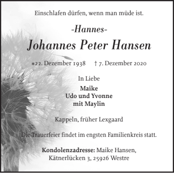 Traueranzeige von Johannes Peter Hansen von Flensburger Tageblatt
