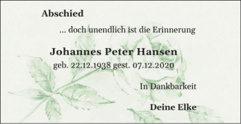 Traueranzeige von Johannes Peter Hansen von Schlei-Bote
