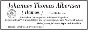 Traueranzeige von Johannes Thomas Albertsen von Husumer Nachrichten