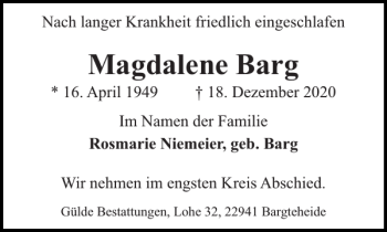 Traueranzeige von Magdalene Barg von Stormarner Tageblatt