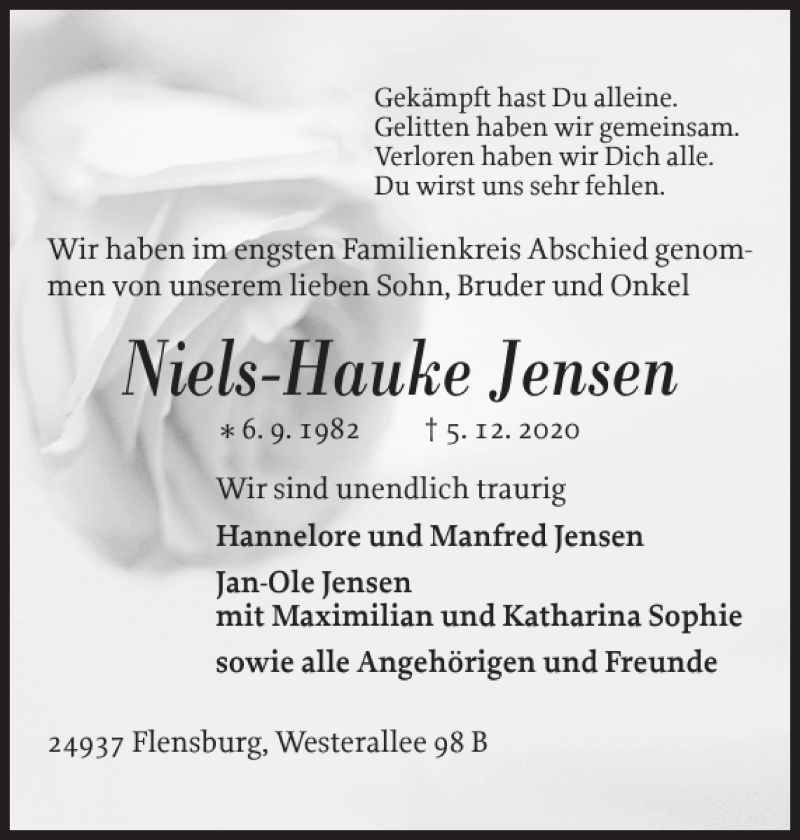  Traueranzeige für Niels-Hauke Jensen vom 19.12.2020 aus Flensburger Tageblatt