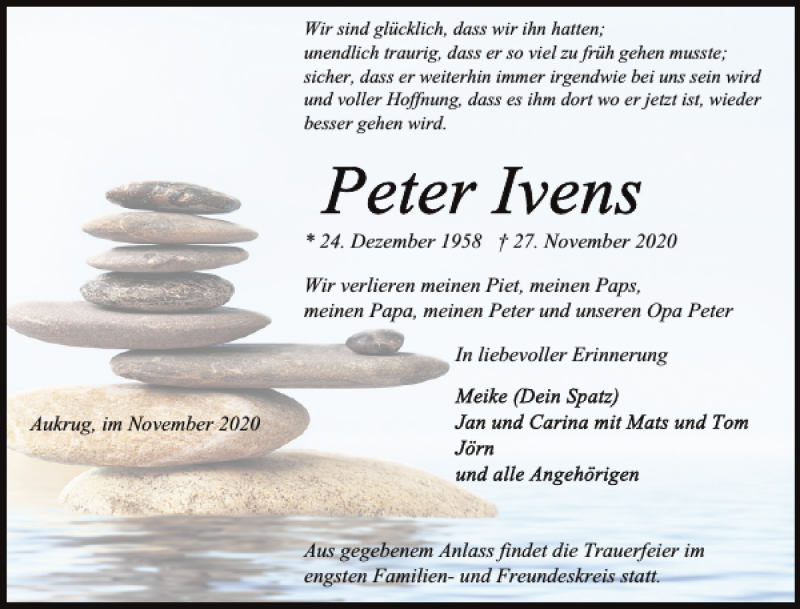  Traueranzeige für Peter Ivens vom 01.12.2020 aus Landeszeitung