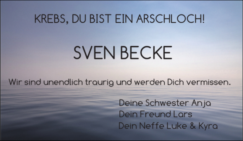  Traueranzeige für SVEN BECKE vom 19.12.2020 aus Husumer Nachrichten