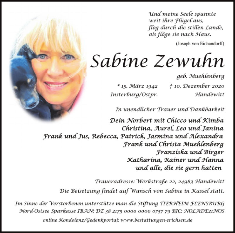  Traueranzeige für Sabine Zewuhn vom 19.12.2020 aus Flensburger Tageblatt