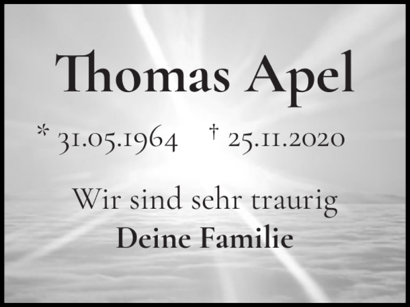  Traueranzeige für Thomas Apel vom 02.12.2020 aus Landeszeitung