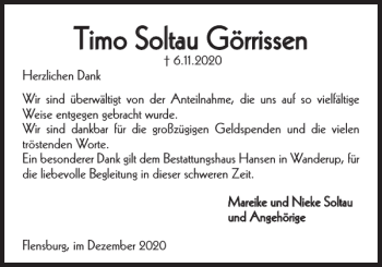 Traueranzeige von Timo Soltau Görrissen von Flensburger Tageblatt