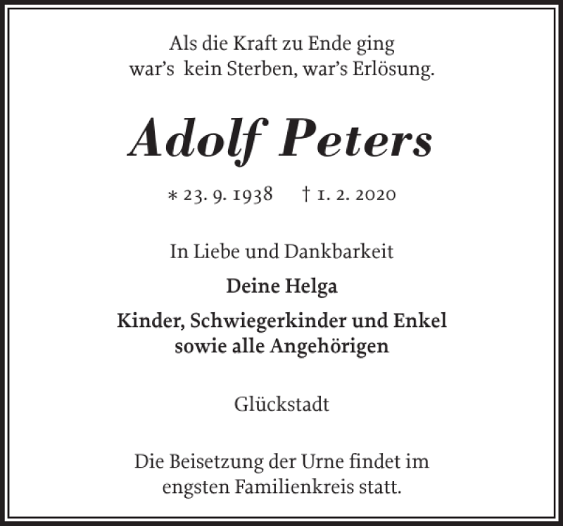  Traueranzeige für Adolf Peters vom 08.02.2020 aus Norddeutsche Rundschau